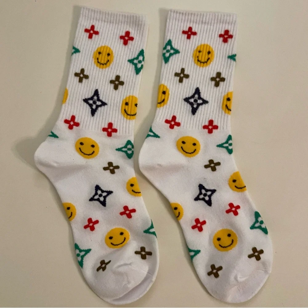 Brand New | Monogram Smiley Face Crew Socks - Colorful